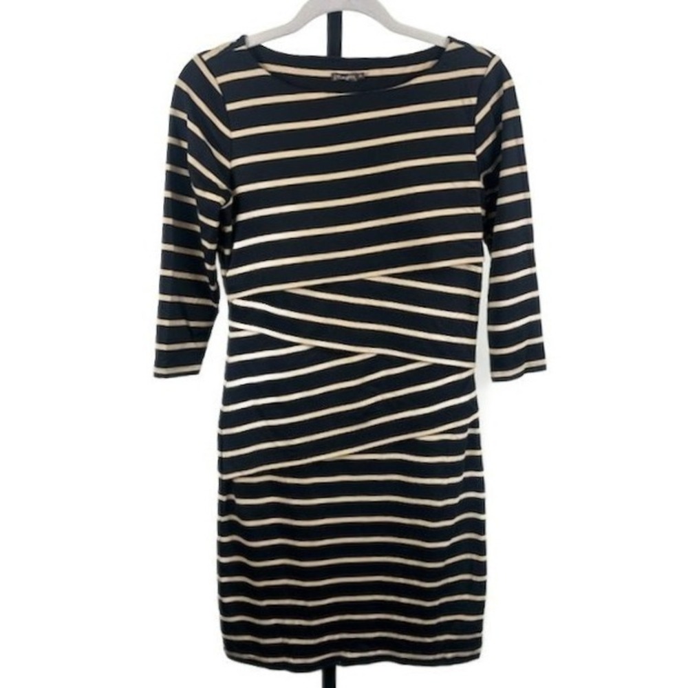 J. McLaughlin Bandage Dress Women's Size XS Black Tan Striped 3/4 Sleeve Sheath‎